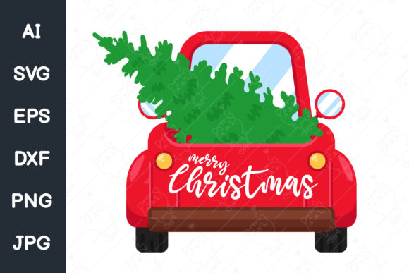 Christmas Car. Red Pickup Truck Carrying Illustrations