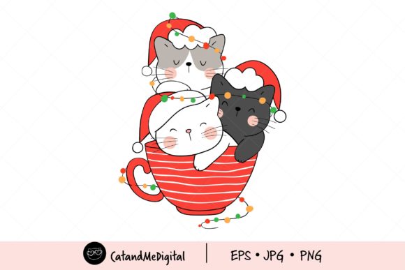 Christmas Cat in Red Cup Clip Art