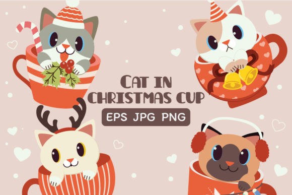 Christmas Cute Cat in Cup Clipart for Branding