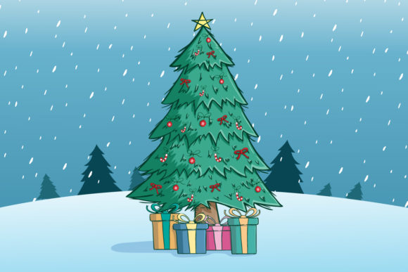 Christmas Tree with Gift Box Illustrations