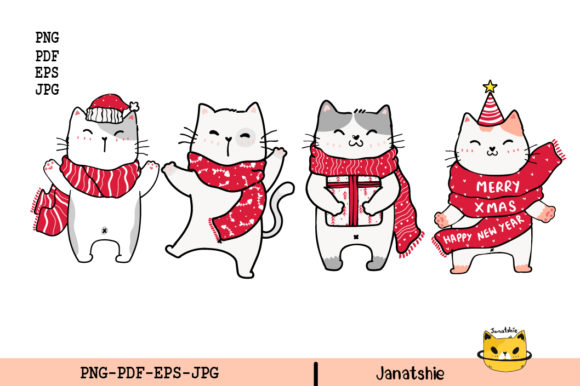 Cute Happy Cat Christmas Clip Art Illustrations